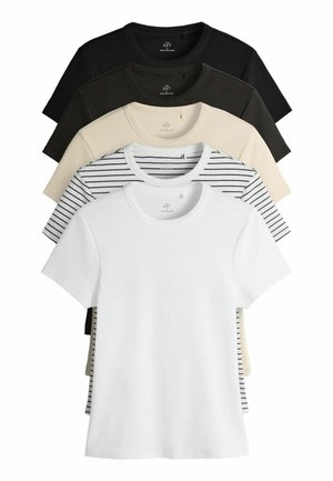 Set aus fünf T-Shirts: schwarz, dunkelgrün, beige, gestreift in beige und weiß. Baumwollstoff, runder Ausschnitt, kurze Ärmel, glatte Textur.