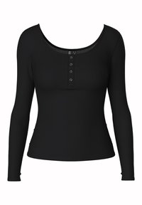 Svart långärmad topp med ribbad struktur, rundad halsringning och fem knappar framtill. Formanpassad design med minimala sömmar.