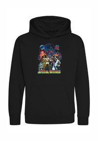 Felpa nera con cappuccio che presenta una grafica vivace di Darth Vader e personaggi di Star Wars, dotata di tasca frontale e cappuccio con cordino regolabile.