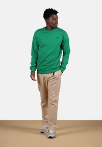 Felpa verde a collo rotondo con polsini a costine, abbinata a pantaloni beige chiaro e sneakers grigie. Il modello è posizionato davanti a uno sfondo neutro.