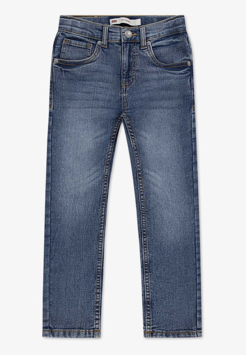 Jean en denim bleu avec poches avant et arrière, fermeture par bouton et zip, avec des détails subtils délavés sur les jambes.
