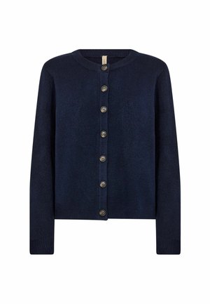 Tummansininen neulecardigan, jossa on pyöreä pääntie, napp closure ja pitkät hihat. Sisältää seitsemän tummaa nappia ja pehmeän rakenteen.