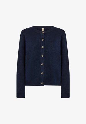 Navy blue knitted cardigan with a round neckline, button front, and long sleeves. Features seven dark buttons and a soft texture.