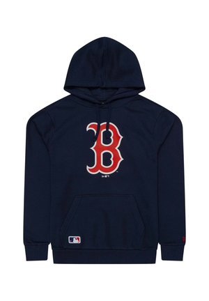 Navy blue hoodie with a large red "B" logo on the chest, MLB logo near the pocket, and front kangaroo pocket and drawstring hood.