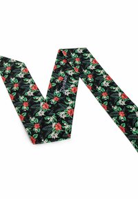 Floral ribbon in black, featuring red and white flowers with green leaves. Soft texture, symmetrical V-shape, with "Blacketos" printed.