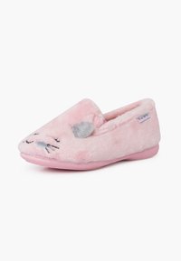 Zapatilla de felpa rosa con cara de ratón bordada, orejas grises y suela suave, diseñada para la comodidad en interiores.