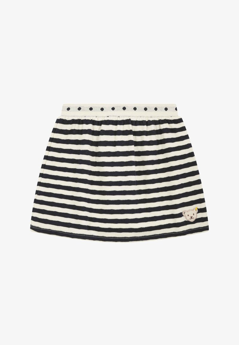 Gonna in tessuto a righe chiare e scure con vita elasticizzata e dettaglio di orsetto ricamato all'orlo. Il design presenta righe orizzontali alternate.