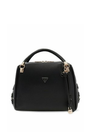 Sac à main GUESS noir avec poignée arrondie, ferrures dorées, logo triangulaire et porte-clé suspendu sur fond blanc.