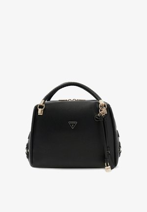 Sac à main GUESS noir avec poignée arrondie, ferrures dorées, logo triangulaire et porte-clé suspendu sur fond blanc.