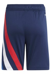 Shorts de sport marine avec une taille élastique, ornés de rayures diagonales rouge, blanc et bleu. Tissu lisse, conception arrivant au genou.