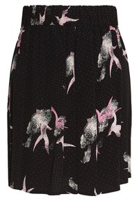 Gonna nera con vita elastica, caratterizzata da una stampa floreale in rosa e bianco, con un motivo a pois e design plissettato.
