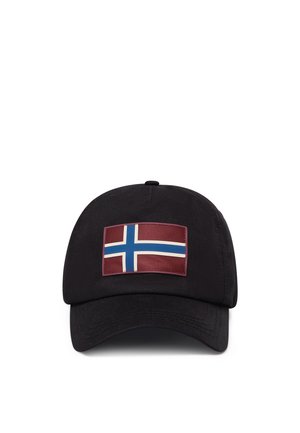 Schwarze Baseballmütze mit einem erhöhten Patch der norwegischen Flagge in Rot, Blau und Weiß. Aus Baumwolle mit einem gebogenen Schirm und verstellbarem Rückengurt.