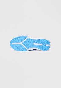 Blue rubber sneaker outsole with a textured grip pattern, featuring white accents and a slight curve at the toe and heel edges.