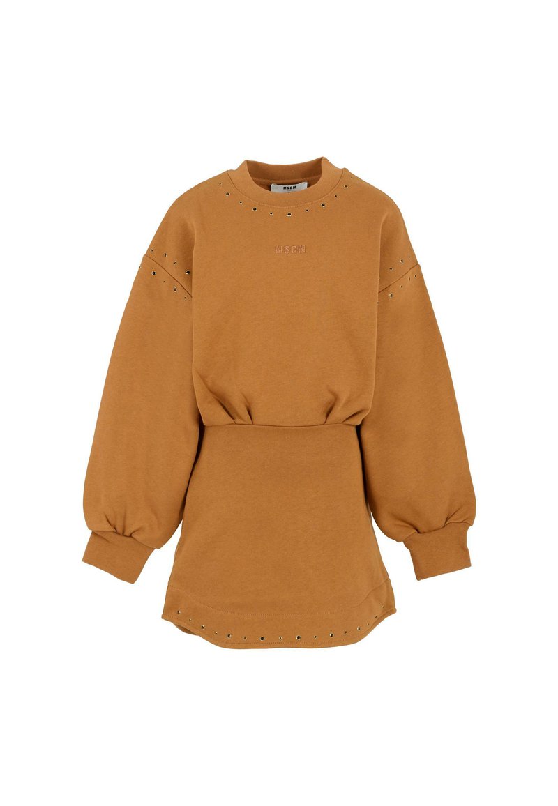Bruine jurk met lange mouwen, elastische taille, gestudde accenten op de mouwen, de halslijn en de zoom, en een subtiele geborduurde logo op de borst.