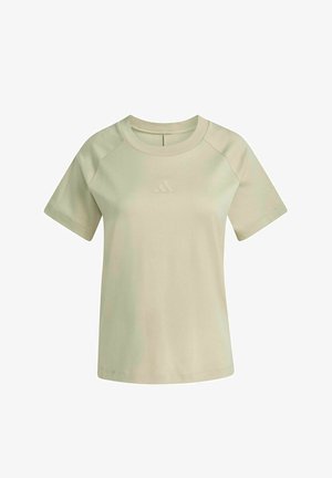 Hellbeiges T-Shirt mit kurzen Ärmeln und Rundhalsausschnitt, dezentes, auf der Brust zentriertes Logo in Prägung, schlichtes Design und reguläre Passform.