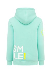 Light turquoise hoodie with a drawstring hood, featuring "SMILE!" in white and yellow text on the front and a small heart accent on the sleeve.
