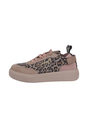 Leopard print sneaker with pink suede accents, rounded toe, textured rubber sole, and padded collar for comfort. Features lace-up design.
