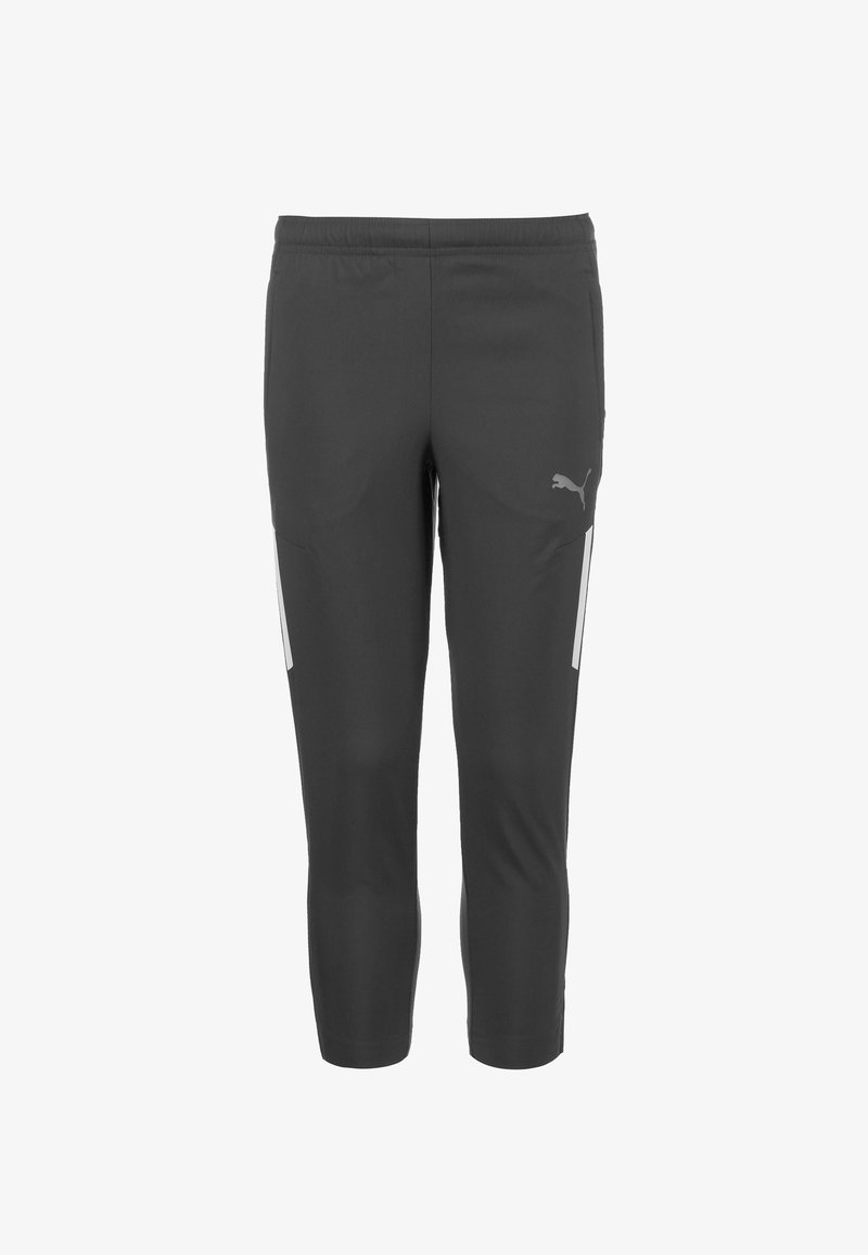 Donkergrijze sportbroek met een elastische tailleband, tapse pijpen, reflecterende zijaccenten en een klein logo op de linker bovenbeen.