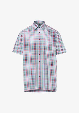 Camicia a maniche corte con bottoni, con motivo a quadri multicolore rosso, blu, verde e bianco e colletto appuntito.