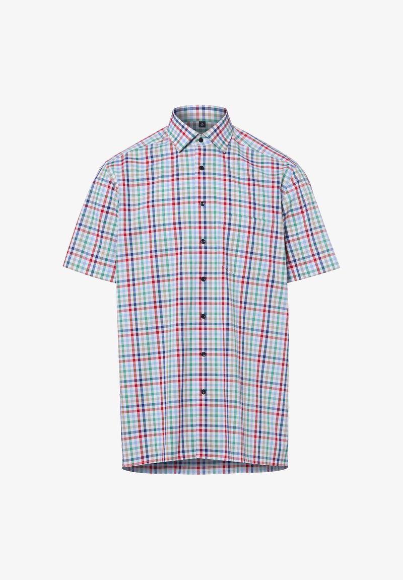 Chemise à manches courtes, boutonnée, avec motif à carreaux multicolores rouge, bleu, vert et blanc et col pointu.