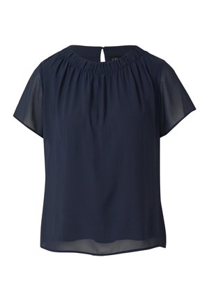 Blouse bleu marine à manches courtes avec col froncé et tissu transparent sur les manches et l'ourlet.