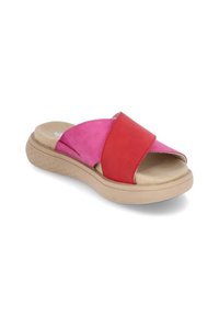 Red and pink slide sandals with a cross strap design, synthetic upper, and beige rubber sole. Textured sole offers grip and comfort.