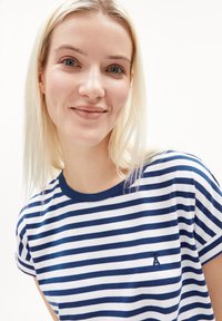 Striped short-sleeve t-shirt with blue and white stripes; features a round neckline and a small embroidered logo on the left chest.