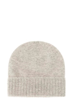 Gray knit beanie made of soft fabric. Features a ribbed cuff at the base and a smooth top with a subtle texture. No visible logos or patterns.