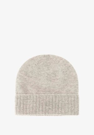 Gray knit beanie made of soft fabric. Features a ribbed cuff at the base and a smooth top with a subtle texture. No visible logos or patterns.