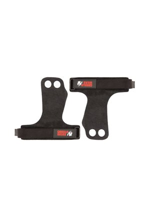 Paar schwarze Fitnesshandschuhe mit Fingerlöchern und verstellbaren Riemen mit der Beschriftung Gorilla Wear, entworfen für das Gewichtheben.