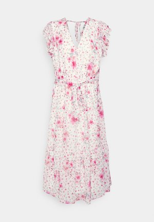 Witte midi-jurk met roze bloemenprint, vliegerige mouwen, V-hals, taillestrik en achterzijde met sleutelgatsluiting.