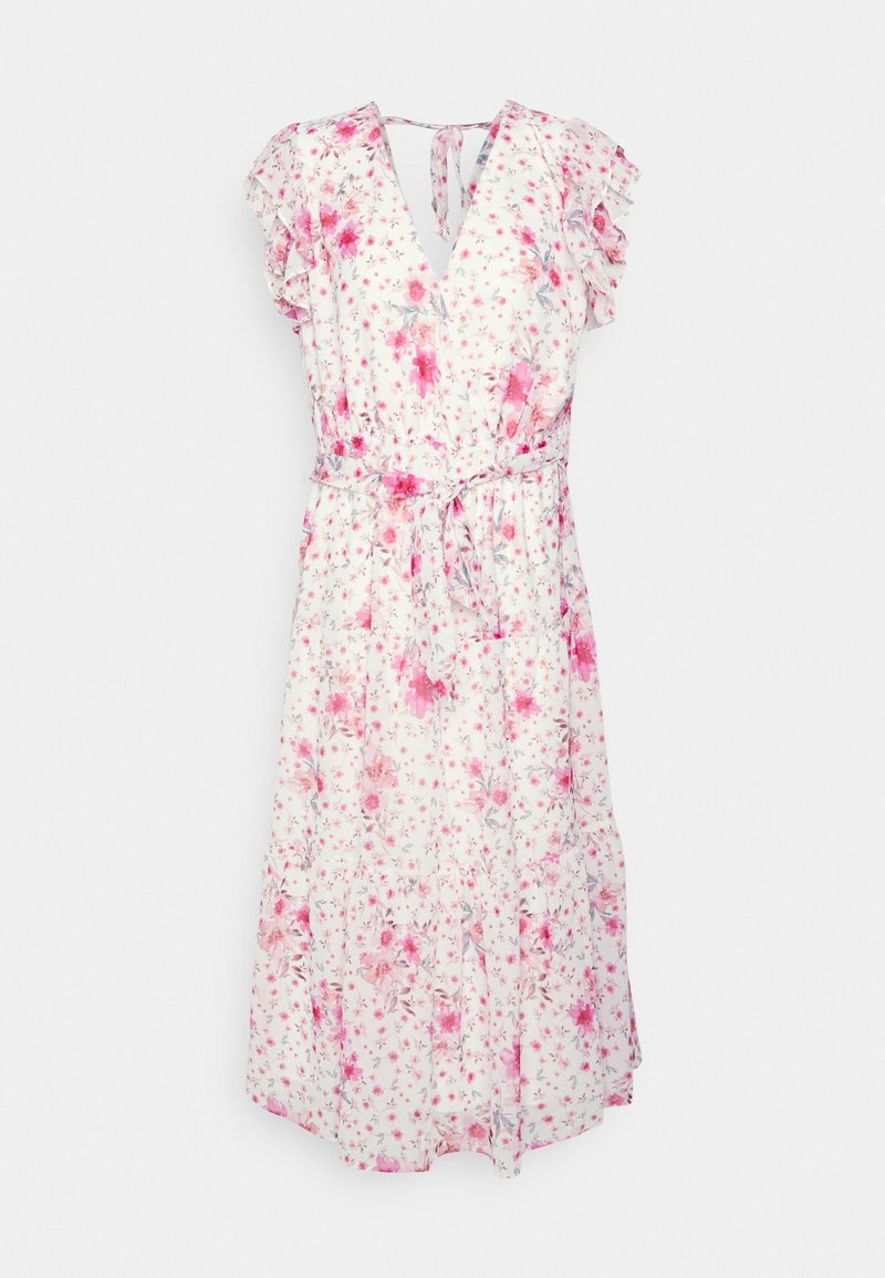 Robe midi blanche avec imprimé floral rose, manches volantées, col en V, ceinture à la taille et fermeture nouée dos avec ouverture en forme de goutte.