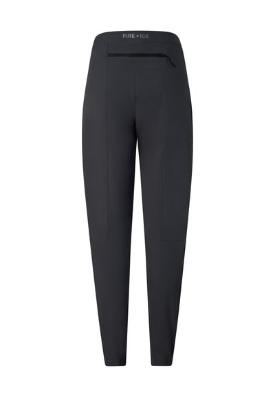 Černé zúžené kalhoty s vysokým páskem, zipovou kapsou vpředu a logem "FIRE+ICE" vytištěným nad kapsou.