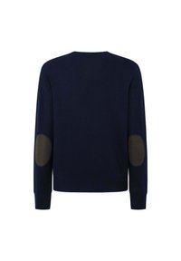 Tummansininen neulepaita, jossa on pitkät hihat, pyöreä pääntie ja tummanvihreät kontrastiväriset kyynärpäät. Valmistettu pehmeästä, tekstuurilla varustetusta kankaasta.