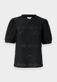 Top in pizzo nero con maniche corte a sbuffo, caratterizzato da un motivo a diamante e design testurizzato. Collo rotondo e vestibilità leggermente ampia.