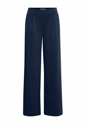 Marinefarbene weite Hosen aus weichem Stoff, mit einem glatten Bund, Falten vorne und einem langen Design.