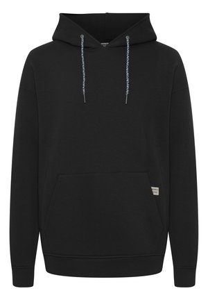 Haut à capuche noir en tissu doux, avec une poche kangourou, des cordons de serrage réglables avec un motif bleu et blanc, et des poignets côtelés.