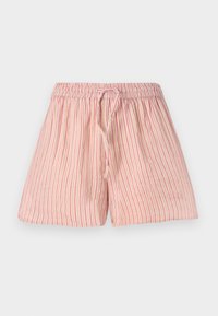 Shorts rose clair avec des rayures verticales rouges, fabriqués en tissu doux. Dotés d'une taille élastique avec un cordon de serrage pour un ajustement.