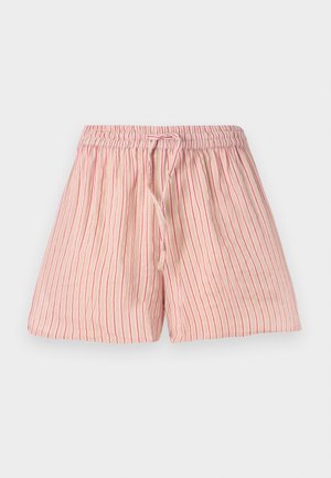 Lys rosa shorts med vertikale røde striper, laget av myk stoff. Har en elastisk midjebånd med snøring for justering.