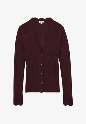 Bordó bordázott kardigán hullámos nyakkivágással, hosszú ujjakkal és hat elülső gombbal. Texturált kötött anyagból készült.