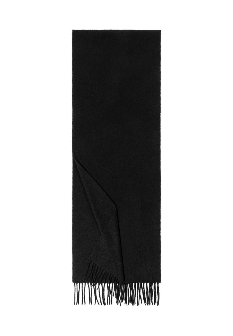 Black scarf made of soft fabric. Rectangular shape with fringe detail at one end. Smooth texture, simple design, and no visible patterns.