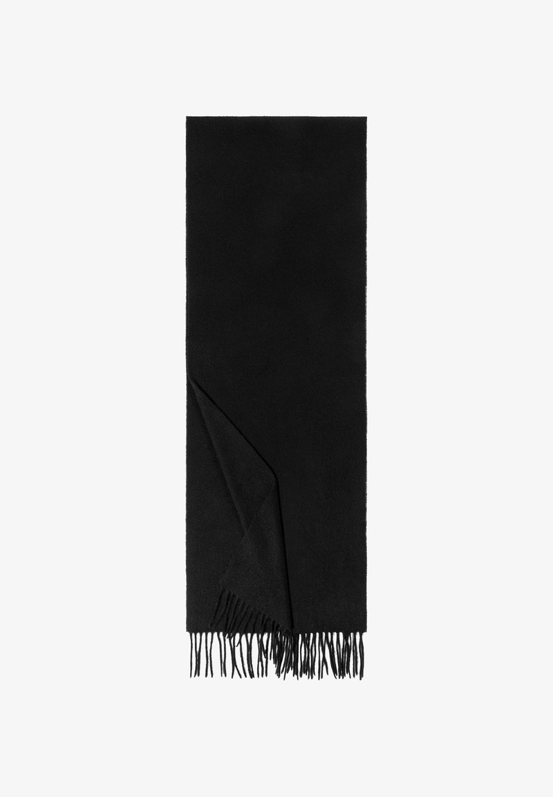 Black scarf made of soft fabric. Rectangular shape with fringe detail at one end. Smooth texture, simple design, and no visible patterns.