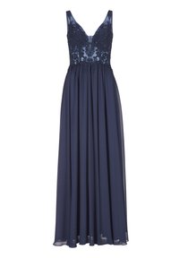 Robe de soirée bleu marine avec un corsage ajusté orné de broderies florales, un décolleté transparent et une jupe fluide longue jusqu'au sol.