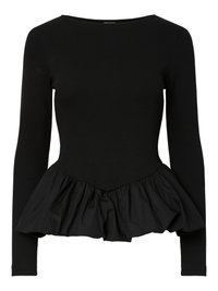 Sort langærmet top med tætsiddende ribstrikket pasform og en klokkeformet flæsekant i blødt stof, der giver en lagdelt teksturkontrast.