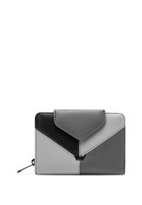 Rectangular wallet with a front flap and zipper, featuring geometric color blocks in black, dark gray, light gray, and white.