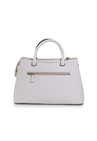 Borsa strutturata grigio chiaro con due manici superiori, una cerniera color oro e una tasca frontale con zip. Texture in pelle liscia e design moderno.