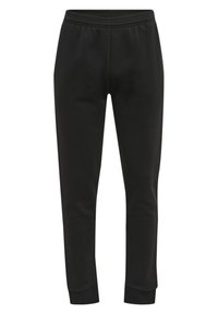 Schwarze Jogginghose mit einem elastischen Bund, taillierten Beinen und gerippten Bündchen. Hergestellt aus einem weichen, strukturierten Stoff.