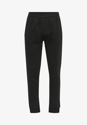 Pantalon de survêtement noir avec une taille élastique, jambes cintrées et poignets côtelés. Fabriqué en tissu doux et texturé.