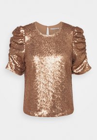 Bronze pailletbluse med korte, puffede ærmer, rund halsudskæring og åbning bagpå med nøglehul. Glat tekstur med reflekterende pailletter.