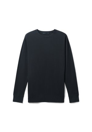 Pullover lungo a maniche, di un blu navy scuro, realizzato in morbido cotone, con collo rotondo, polsini a costine e design semplice senza motivi o dettagli.